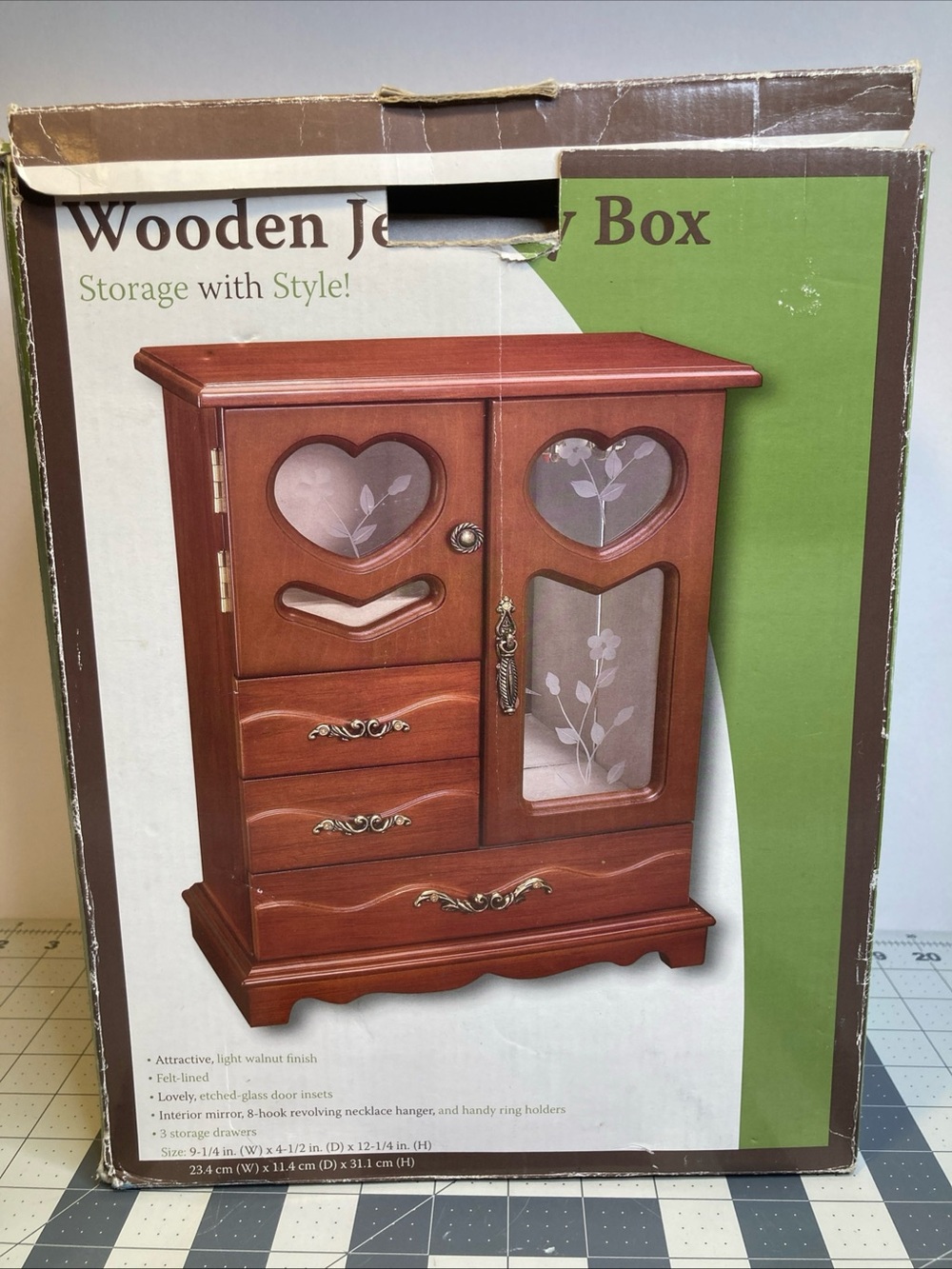 Vintage Wooden Jewelry Box Armoire Etched Glass Doors Drawers Mirror Hearts